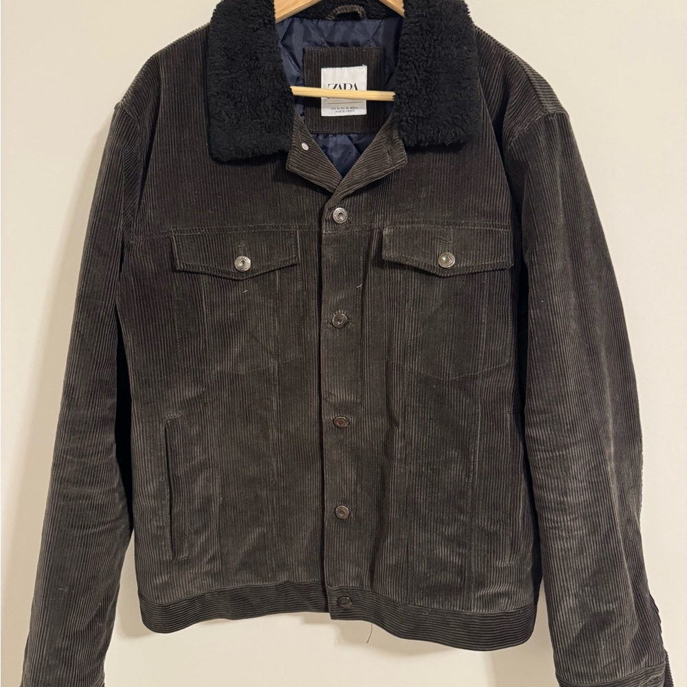 Zara Men's Dark Corduroy Jacket with Black Collar